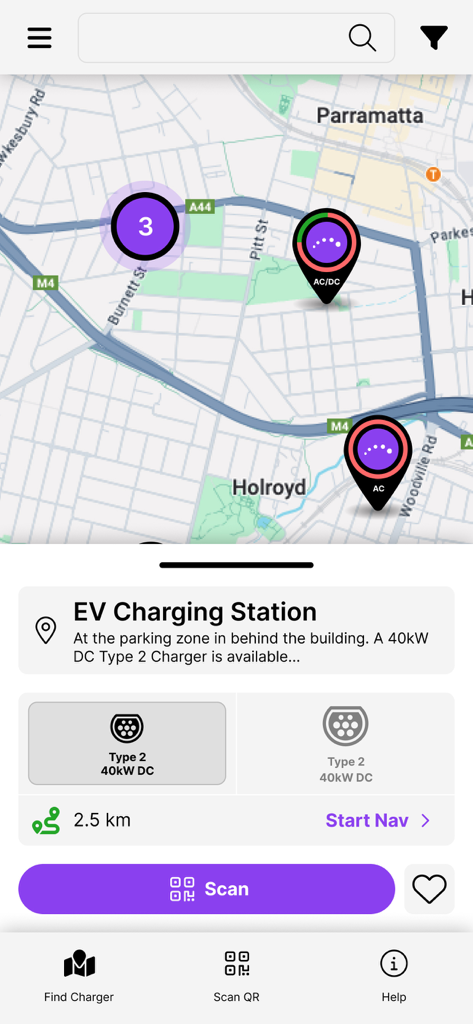 Interfaz de la aplicación Exploren que muestra un mapa con pines de estaciones de carga de vehículos eléctricos y detalles para un cargador de 40 kW CC Tipo 2 con un botón de escaneo.