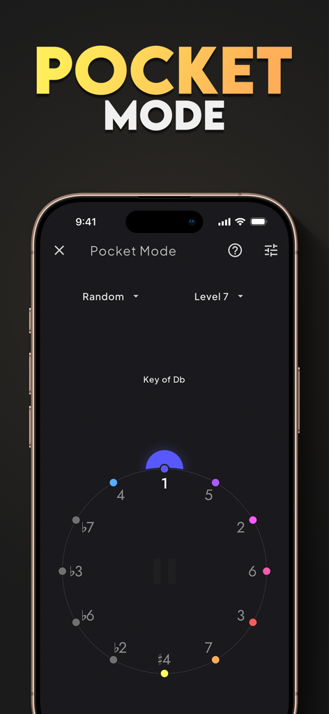 Sonofield Ear Trainer - Sonofield Ear Trainer app displaying the Pocket Mode interface with a color coded circular musical scale