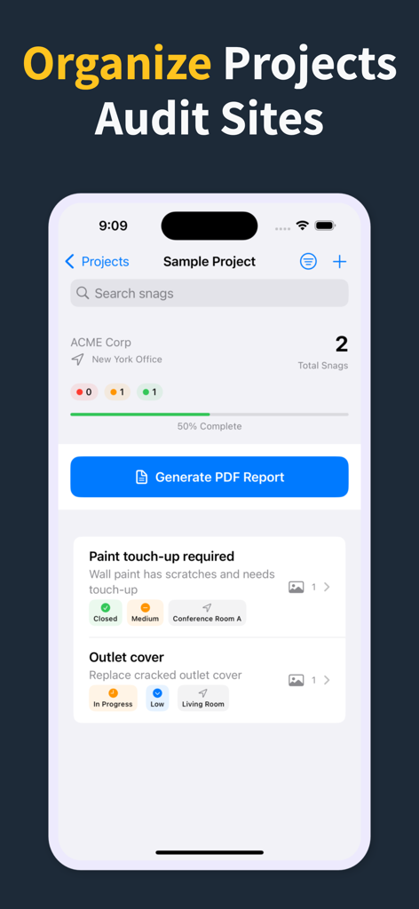 建設アプリのダッシュボードに、プロジェクトステータス、不具合リスト、PDFレポート生成ボタンが表示されています