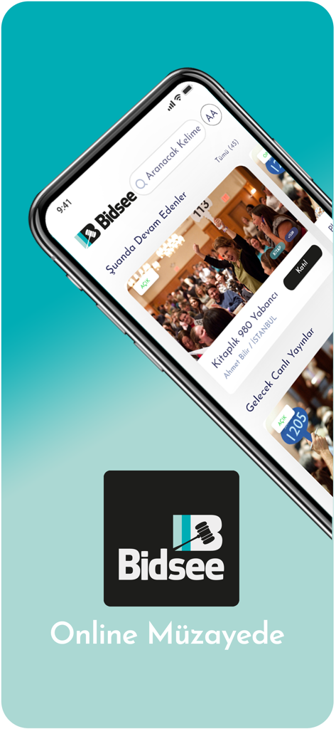 Smartphone screen showing active live auctions and bidding interface on the Bidsee mobile app