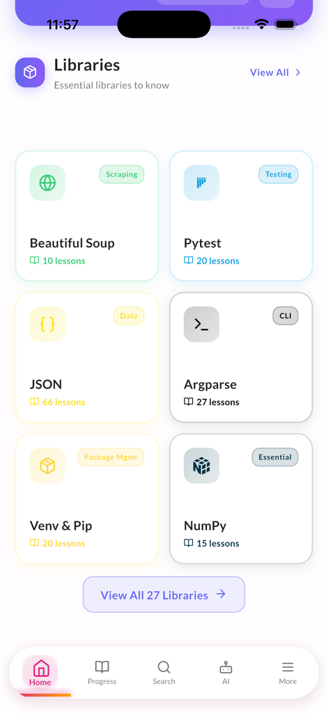 Learn Python Coding with AI - Mobile app screen displaying various Python library modules including Beautiful Soup Pytest and NumPy