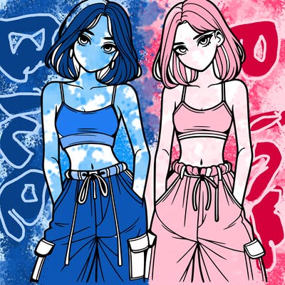 two girls with crop top with baggy pants