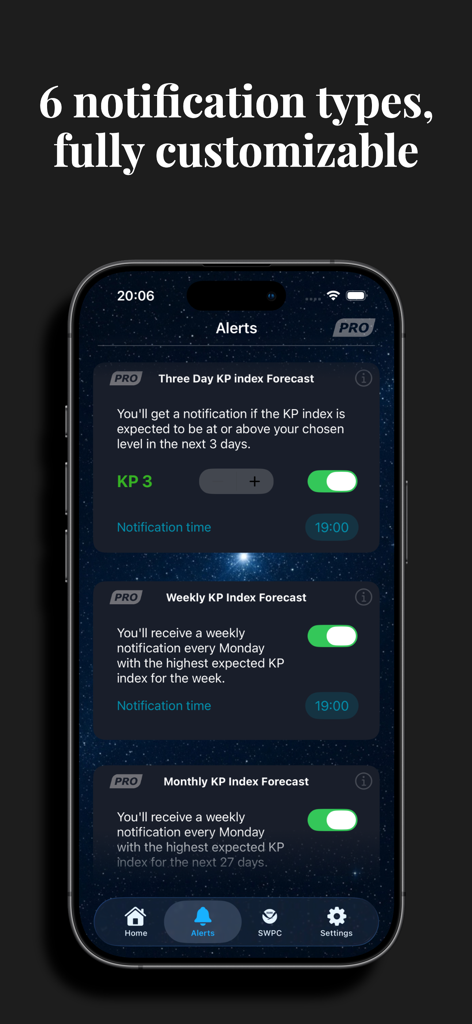 KP Index Aurora Forecast - Customizable aurora notification settings on the KP Index Forecast app alerts screen