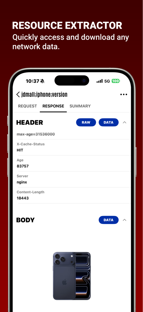 Network Sniffer mobile app interface showing network response headers and an extracted image body