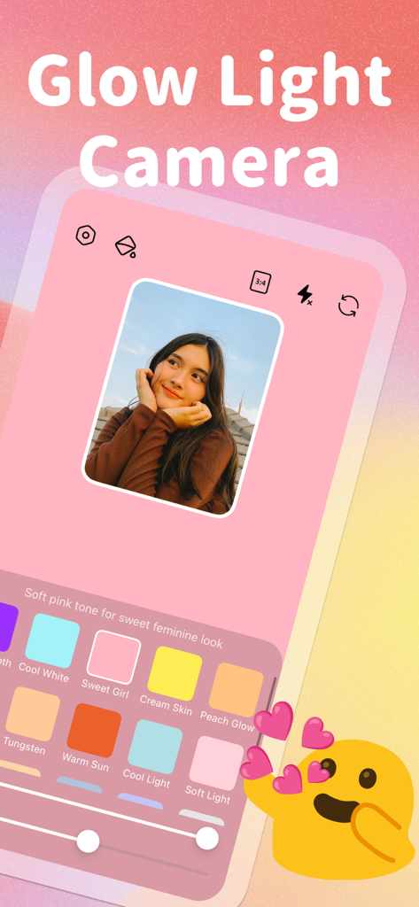 LightCam - Selfie Glow Camera - Interface of the LightCam app showing a variety of glowing light presets for selfies like Sweet Girl and Peach Glow