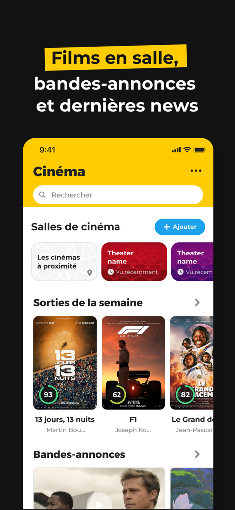 AlloCine mobile app interface displaying local movie theaters and new weekly film releases with personalized affinity scores.