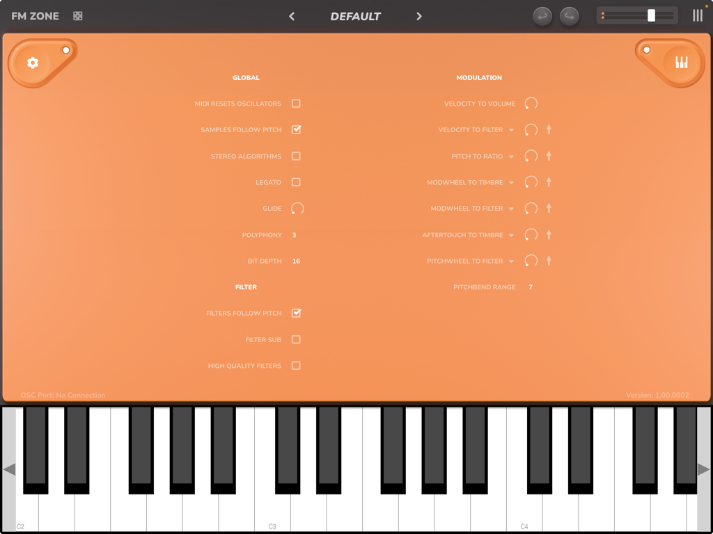 Global and modulation settings interface of the FM Zone synthesizer app for iPad