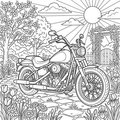 Get ready to color a beautiful cruiser motorcycle surrounded by the fresh blooms of spring. This detailed line art coloring page captures the joy of the season with an iconic ride, perfect for enthusiasts and nature lovers alike.