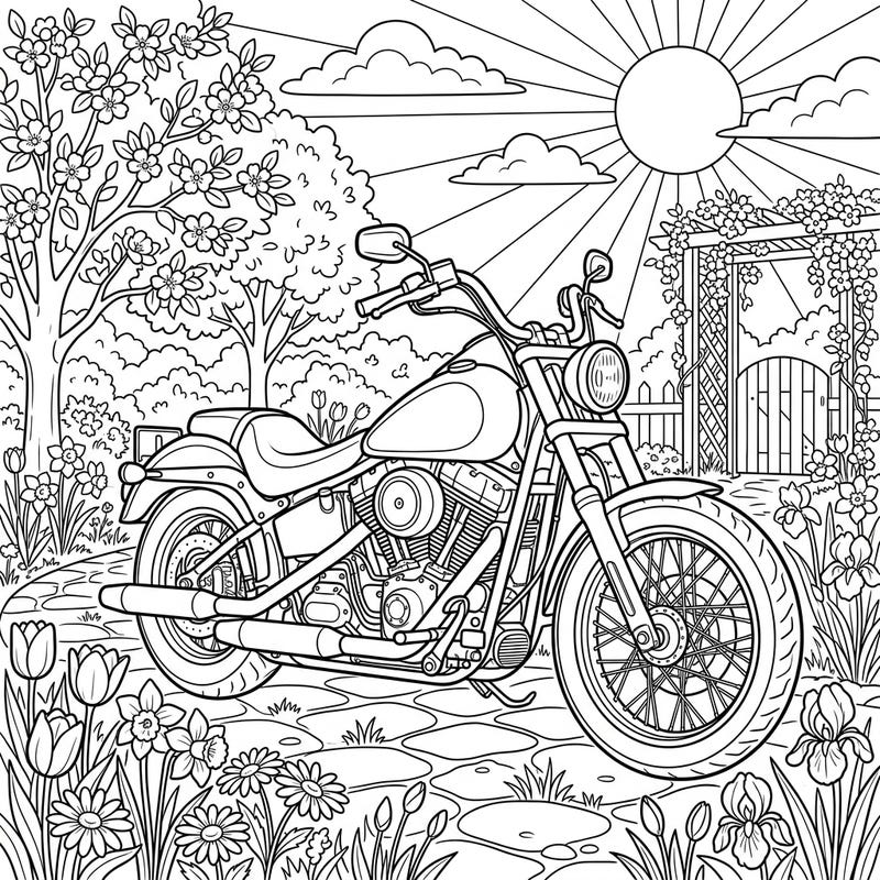 Get ready to color a beautiful cruiser motorcycle surrounded by the fresh blooms of spring. This detailed line art coloring page captures the joy of the season with an iconic ride, perfect for enthusiasts and nature lovers alike.