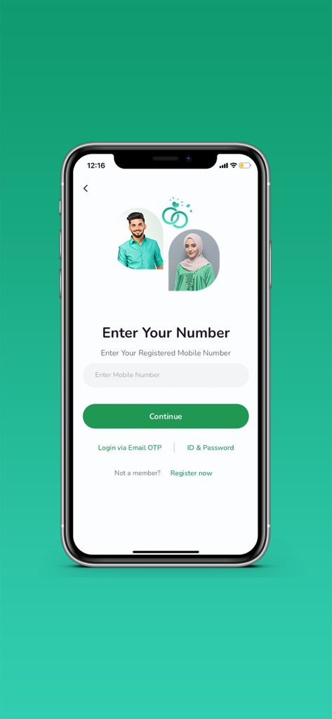 Way To Nikah: Muslim Matrimony - Login screen of Way To Nikah Muslim Matrimony app showing a mobile number entry field