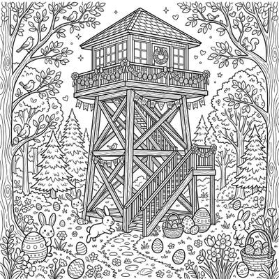 Welcome spring with an extraordinary coloring adventure featuring a majestic fire lookout tower adorned for Easter. Discover delightful bunnies, decorative eggs, and blooming flowers nestled within a lush forest setting.