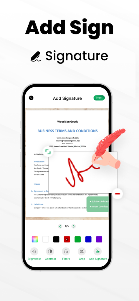 ビジネスドキュメントにデジタル署名を追加しているユーザーを示すモバイルアプリのインターフェース。