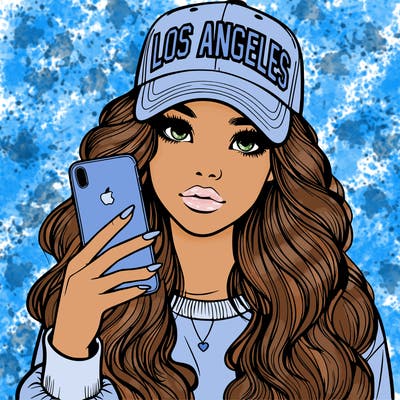 realistic beautiful girl wearing los ángeles cap holding an iphone