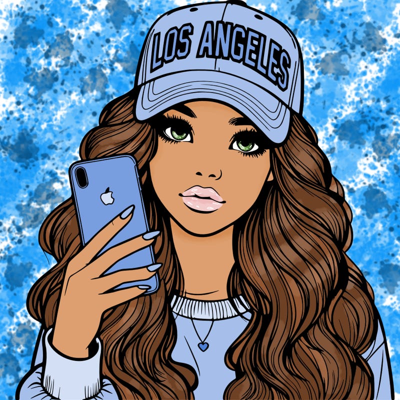 realistic beautiful girl wearing los ángeles cap holding an iphone