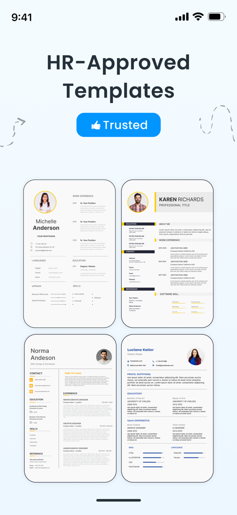 CV Maker & Resume Builder PDF - CVメーカーアプリから、プロフェッショナルで人事担当者承認済みの4つの履歴書テンプレートのセレクション