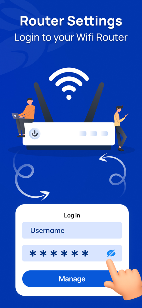 Wifi Analyser: Password Map - Interface of a wifi analyser app showing a router login screen to manage network settings