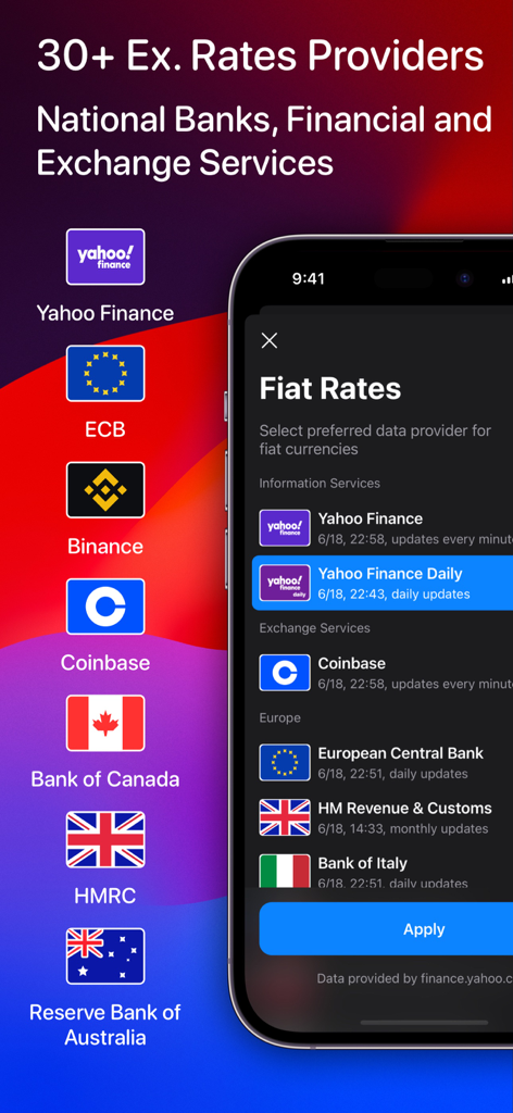 Currencier app interface showing a selection of over thirty exchange rate providers including Yahoo Finance and national banks