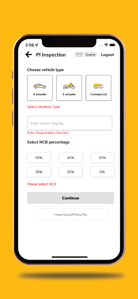 Digit Quick Scan - Interfaz de la aplicación Digit Quick Scan para la selección y registro de la inspección de vehículo