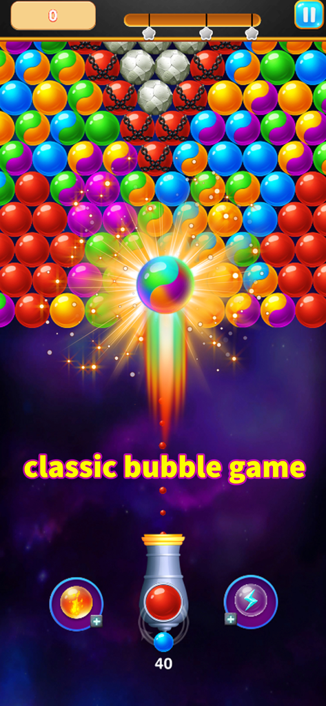 Bubble Shooter - Pop Legend - Jugabilidad de Bubble Shooter Pop Legend mostrando un cañón disparando a burbujas de colores en un nivel de puzzle temático espacial