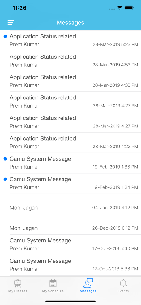 Camu Staff App messaging interface showing application status and system notifications