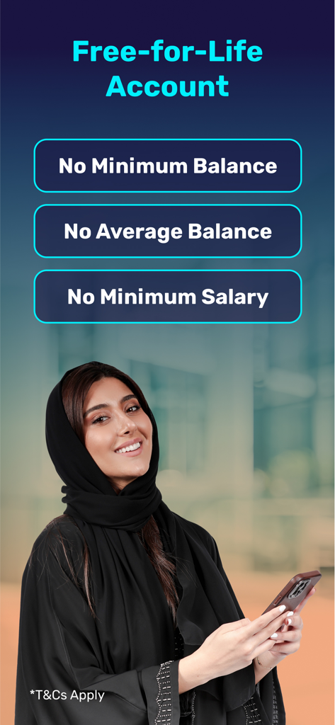 Mbank UAE app screen showcasing a free for life account with no minimum balance and no minimum salary requirements