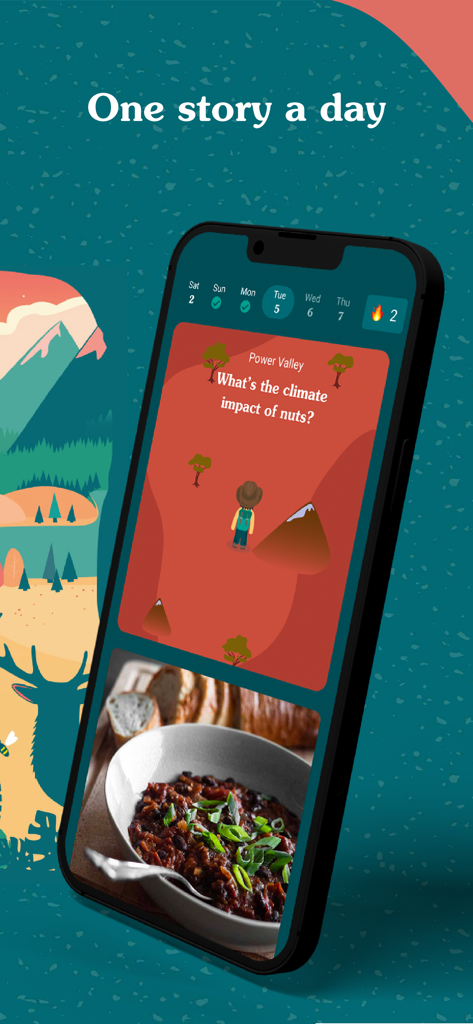 Fork Ranger app interface featuring a daily educational story about sustainable food and a vegetarian meal.