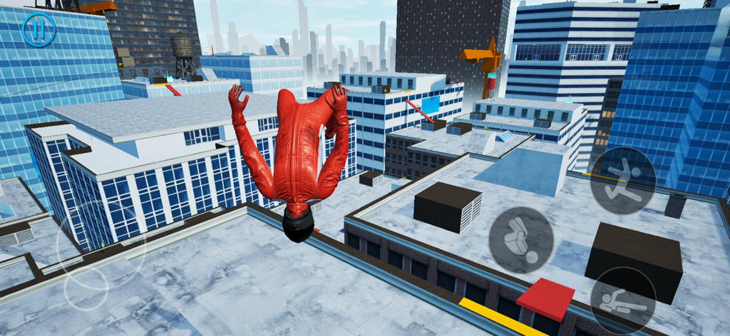 Rooftops Parkour Freerun - Ein Freerunner in einem roten Anzug, der einen Salto in der Luft zwischen Stadtwolkenkratzern ausführt.