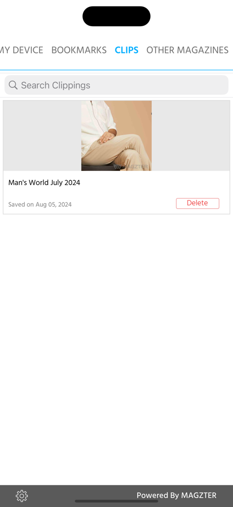 The clips section of the Mans World mobile app showing a saved magazine clipping from the July 2024 issue.