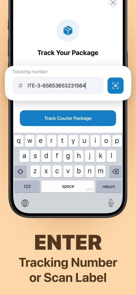 Interface for entering a tracking number or scanning a shipping label in the Package Tracker app.