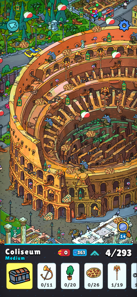 Hidden Objects - Adventure - A hand drawn illustration of the Roman Coliseum in a hidden objects game level
