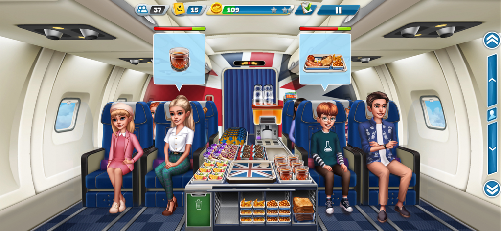 Gameplay screen showing a flight attendant serving food and drinks to passengers in an airplane cabin.