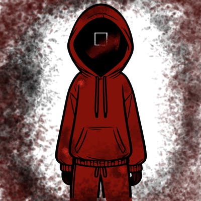 faceless girl in a tracksuit with a hood on and no hair