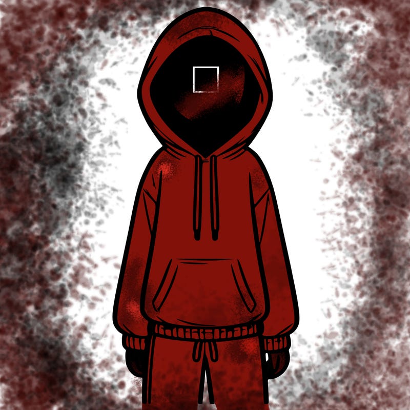 faceless girl in a tracksuit with a hood on and no hair