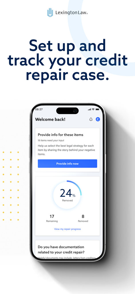 Lexington Law - Credit Repair - Lexington Law app dashboard showing credit repair progress and negative item removal tracking