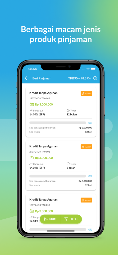 Danai.id - P2P Lending - Mobile app interface of Danai.id showing a list of unsecured loan products for P2P lending investment.