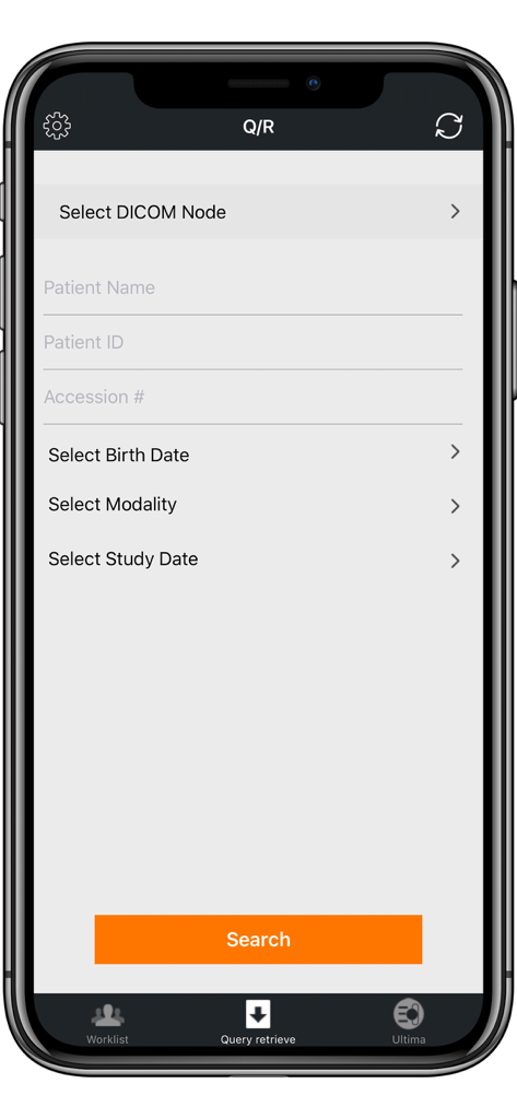 iPaxera app query retrieve interface for searching DICOM medical images by patient details and modality