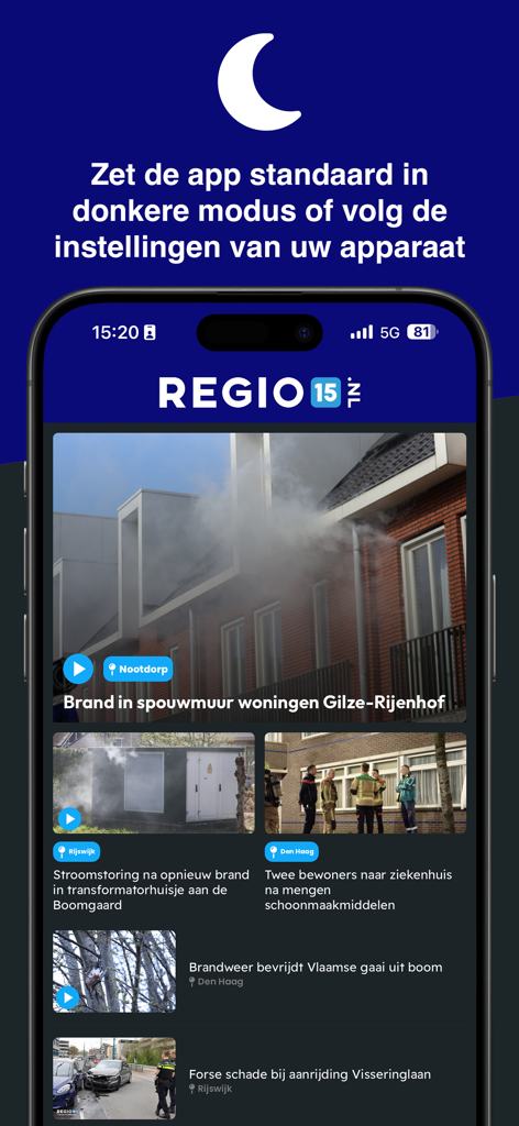 Regio15モバイルアプリのインターフェース。ダークモードで地域ニュースと緊急サービスアラートが表示されています。