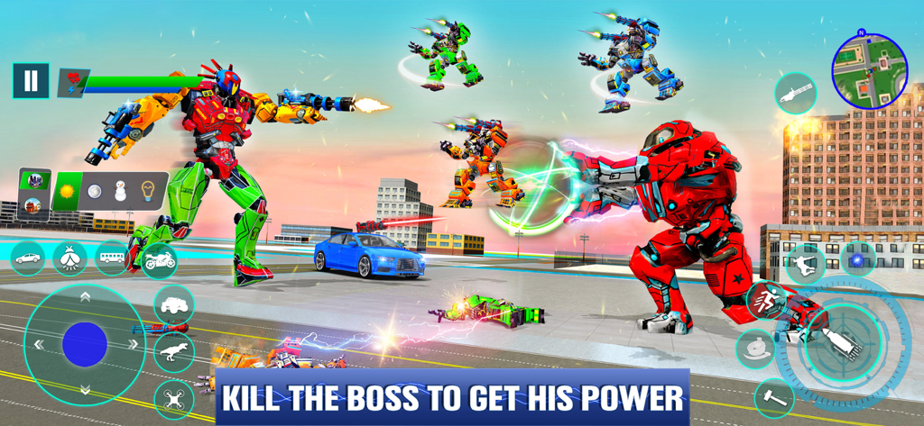 Robot Games - Mech War Games - Giant transforming robots engaging in an action-packed boss battle in a city environment