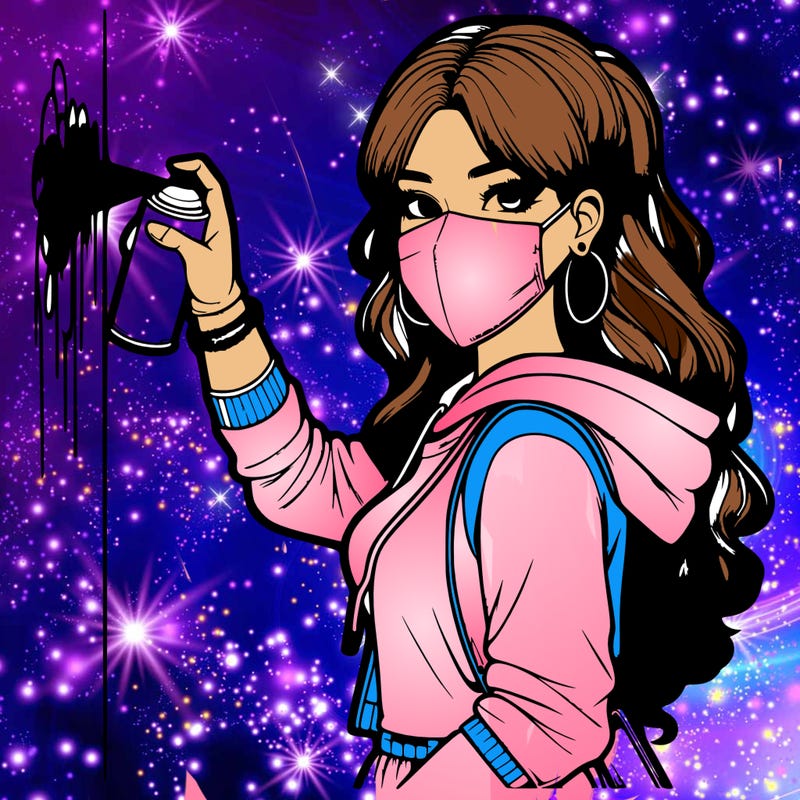 realistic girl with mask spray painting a wall