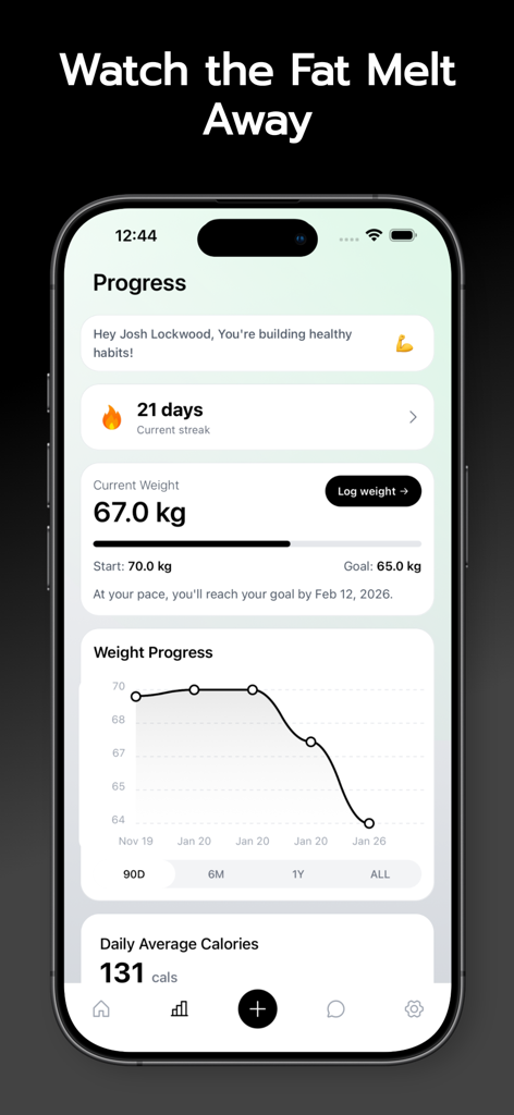 Nutrola - Nutrition Tracker - Nutrola app dashboard showing weight loss progress graph and daily tracking streak