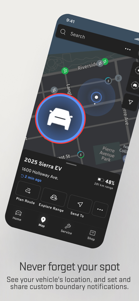 Smartphone displaying the myGMC app map with a vehicle icon and location details for a GMC Sierra EV.
