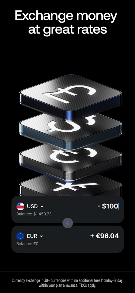 Revolut app interface showing competitive currency exchange from USD to EUR for global travelers