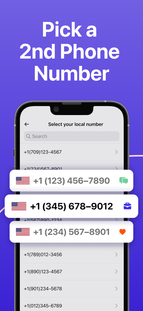 Second Phone Number ™ 2nd Line - Interfaccia che mostra una selezione di numeri di telefono locali USA per uso aziendale e privato