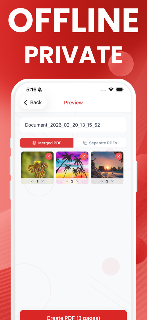 Image to PDF Converter: Photo - Una pantalla de vista previa de la app Image to PDF que muestra tres fotos seleccionadas listas para ser fusionadas en un único documento con etiquetas que enfatizan la conversión sin conexión y privada.