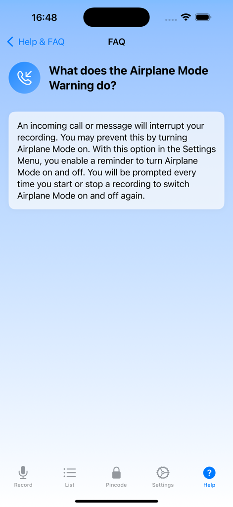 FAQ page explaining the Airplane Mode warning feature in Secure Voice Recorder app