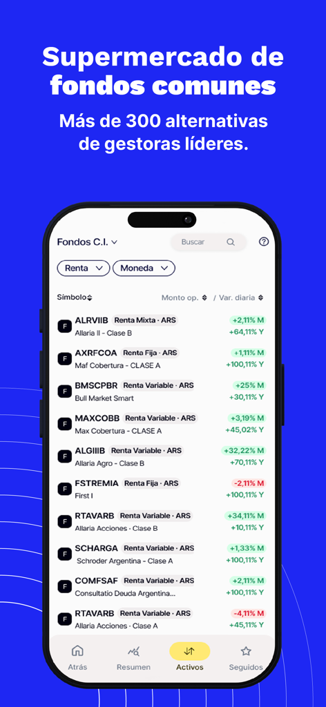 Bull Market - Bull Market app interface showing a list of common investment funds with their daily and yearly performance