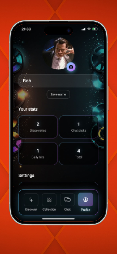 Cinе Snаp - Schermata del profilo utente Cine Snap che mostra statistiche sull'identificazione di film inclusi scoperti e scelte chat