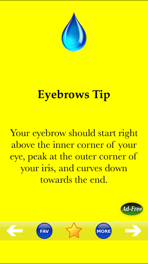 Beauty Tips Skin, Nail & Hair - Captura de pantalla de la aplicación Consejos de Belleza que muestra un consejo de forma de cejas sobre un fondo amarillo