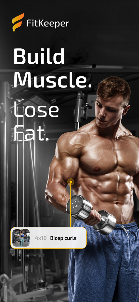 A muscular man performing bicep curls with a dumbbell using the FitKeeper app
