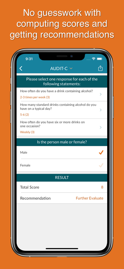 Psych On Demand - L'app Psych On Demand mostra uno screening sull'uso di alcol AUDIT-C con punteggio totale automatizzato e raccomandazione clinica